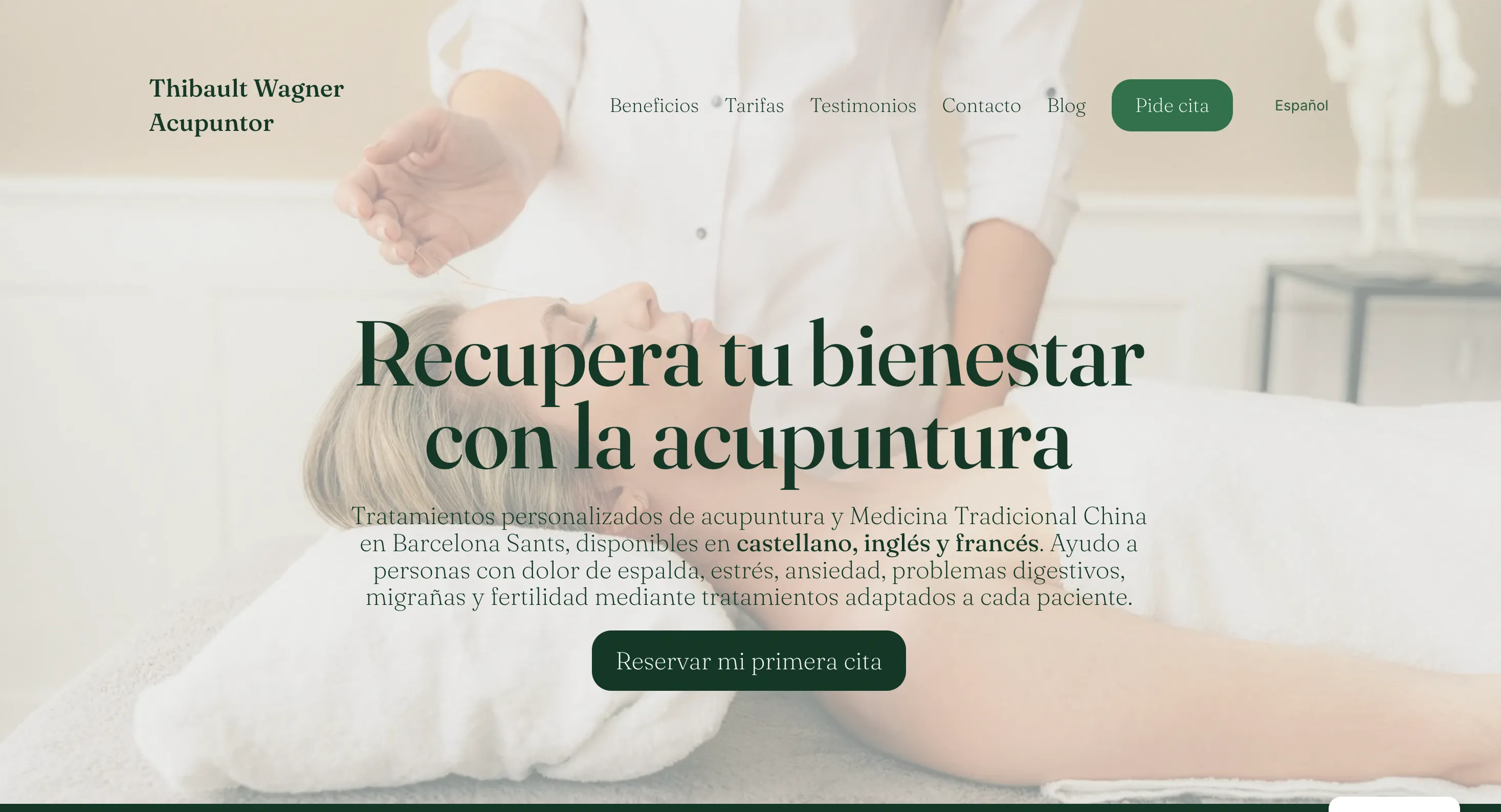 Page d'accueil du site d'acupuncture : titre « Recupera tu bienestar con la acupuntura » sur une photo de séance.
