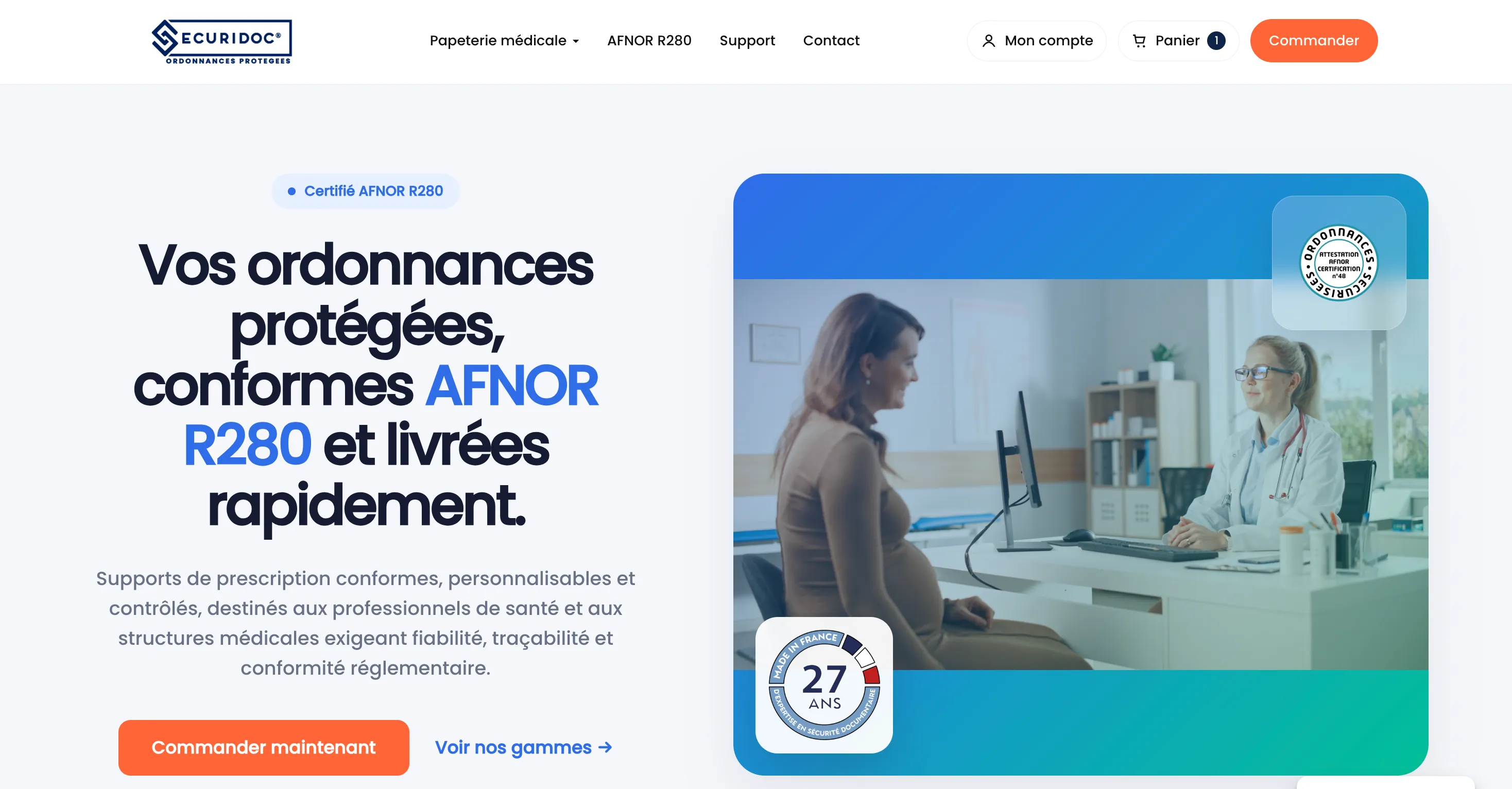 Page d'accueil de la boutique : titre « Vos ordonnances protégées, conformes AFNOR R280 et livrées rapidement » à côté d'une photo de consultation médicale.