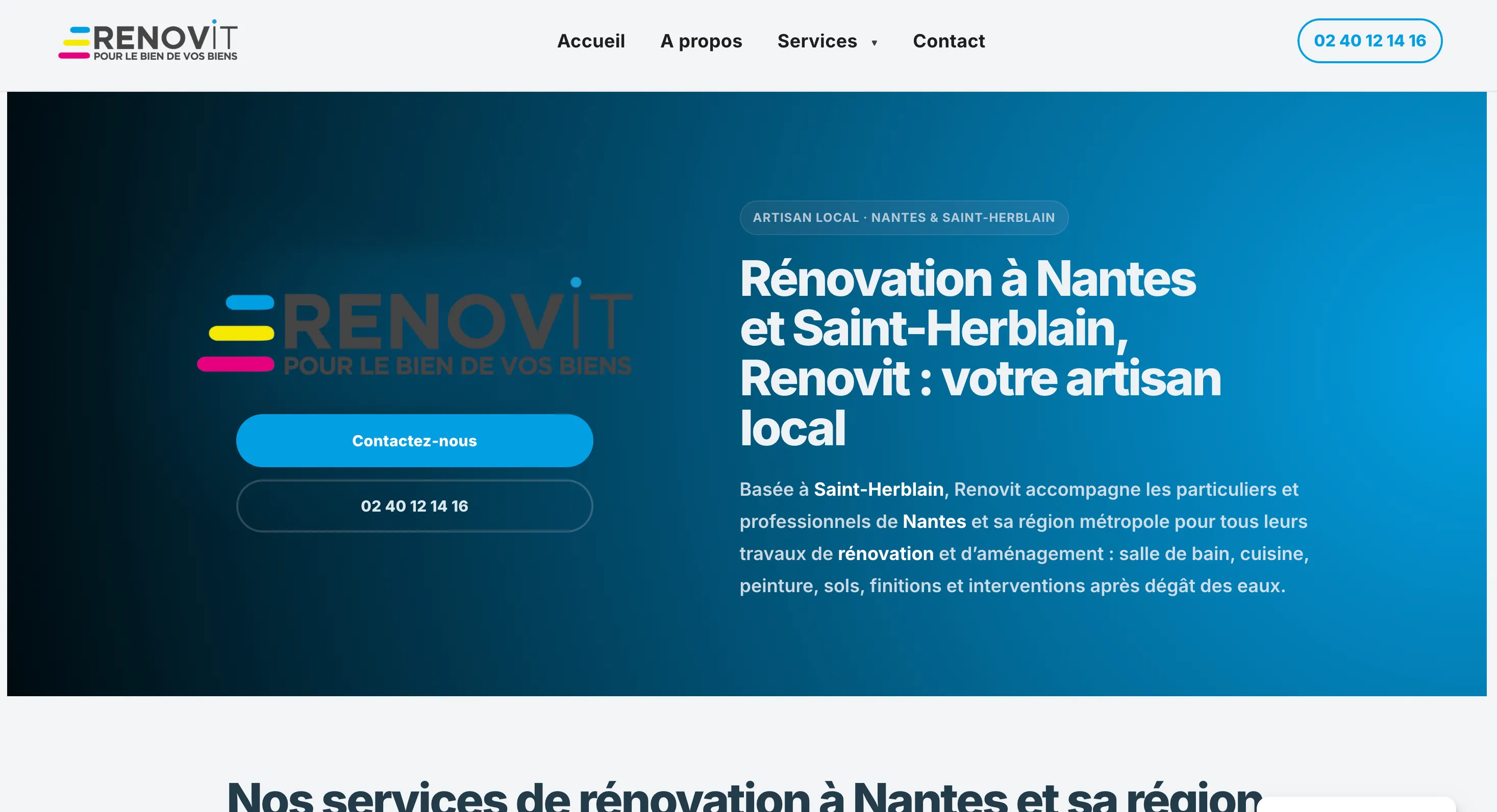 Page d'accueil du site Renovit : logo et titre « Rénovation à Nantes et Saint-Herblain, Renovit : votre artisan local » sur fond bleu.